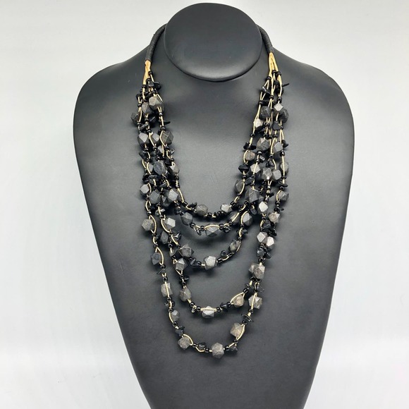 Boho Graduated Black Multi-Strand Beads on Cord Necklace - Picture 2 of 7